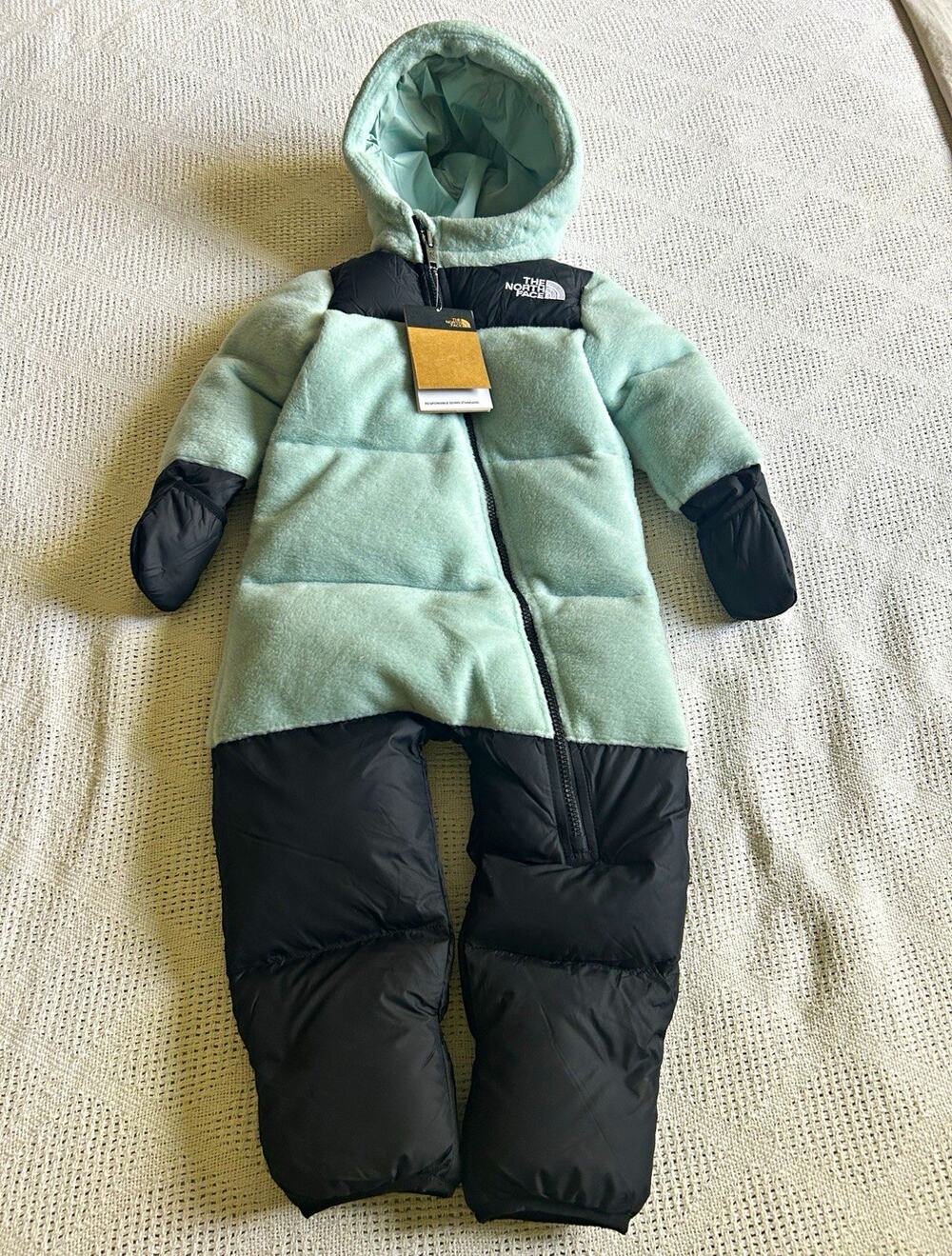 The North Face Nuptse One-Piece Hooded Down Fleece Snowsuit Green/Black 18-24M